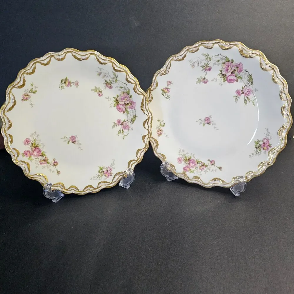 B&H Limoges France Set 2 Dinner Plates w Pink/White Flowers & Brushed Gold Edge